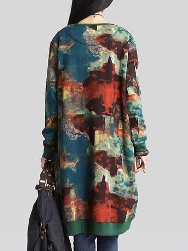 2022 New Autumn Winter Women Dress Oversized O-Neck Thick Velvet Outwear Graffiti Print Woolen Hoodies Plush Midi Dresses