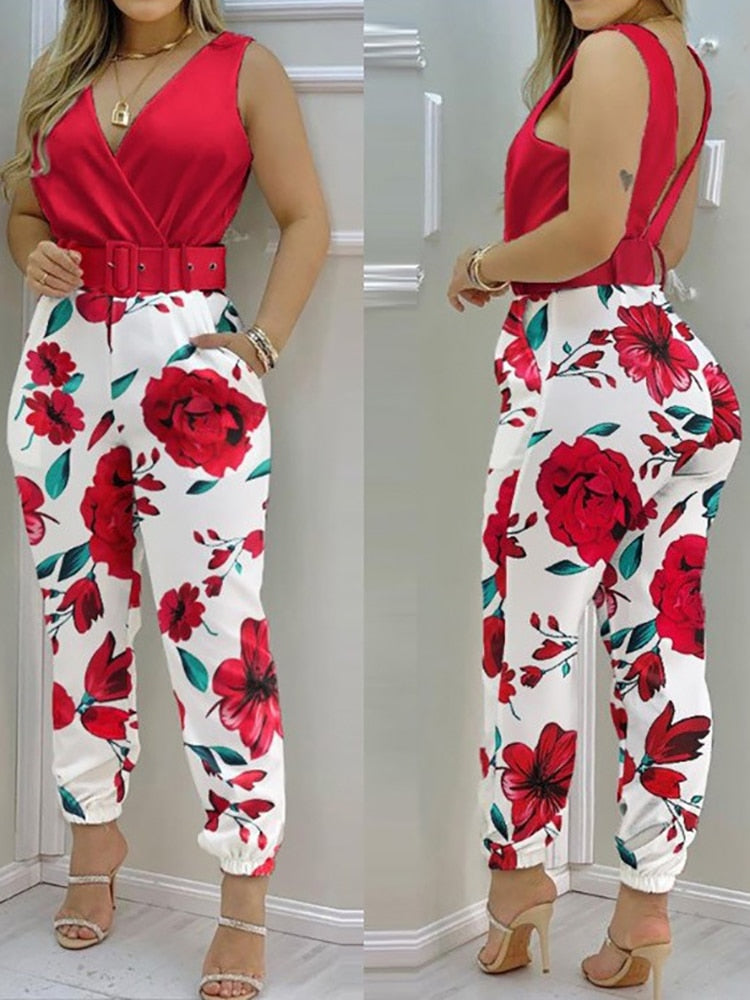 Women Jumpsuits 2022 Sleeveless V-Neck Boho Floral Print Wide Leg Long Pants Rompers Ladies Spaghetti Strap Plus Size Trousers