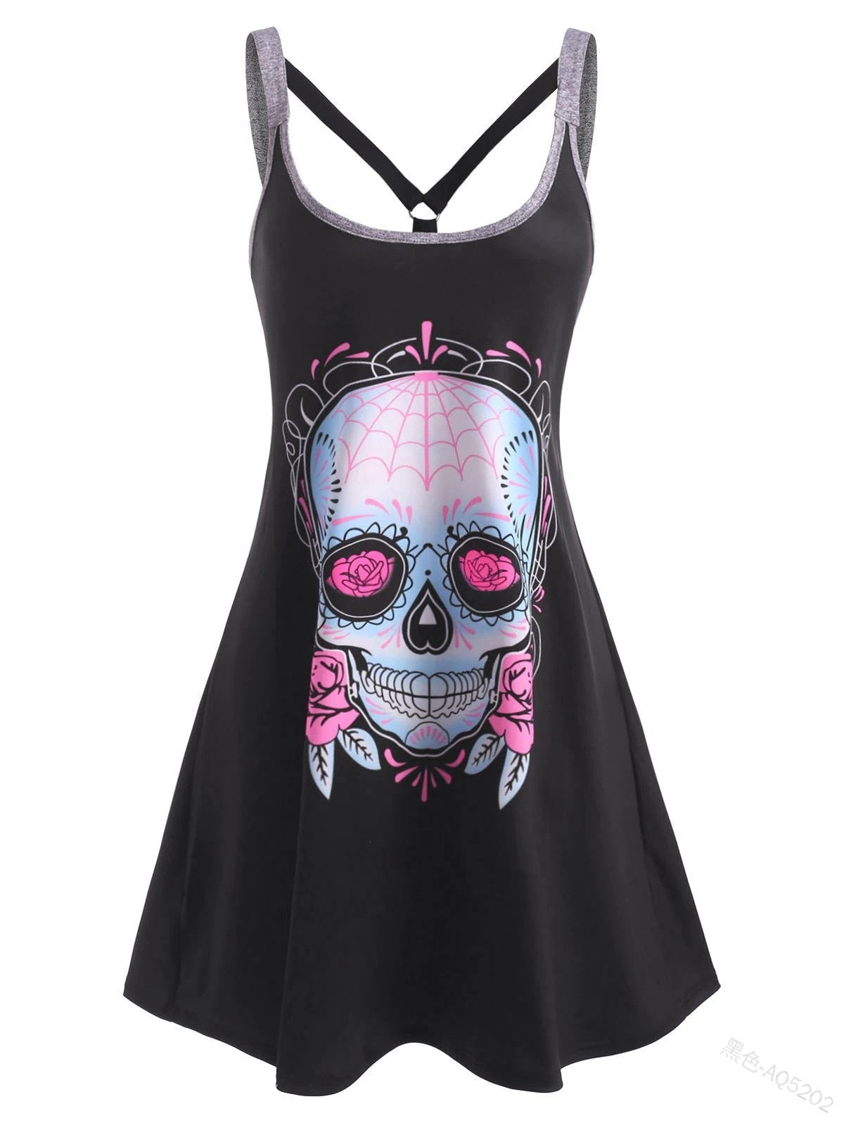 Summer Gothic Dress for Women Goth Skull Print Vestido Feminino Sleeveless Camis Tank Tops Casual Dresses Sexy Strap Mini Dress