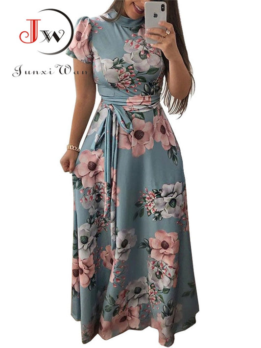 Women Summer Maxi Dress 2022 Casual Short Sleeve Boho Floral Print Long Dress Turtleneck Bandage Elegant Party Dresses Vestidos