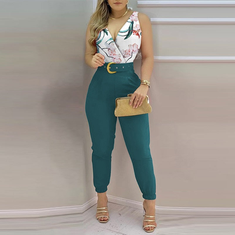 Women Jumpsuits 2022 Sleeveless V-Neck Boho Floral Print Wide Leg Long Pants Rompers Ladies Spaghetti Strap Plus Size Trousers