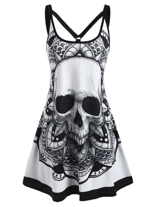 Summer Gothic Dress for Women Goth Skull Print Vestido Feminino Sleeveless Camis Tank Tops Casual Dresses Sexy Strap Mini Dress
