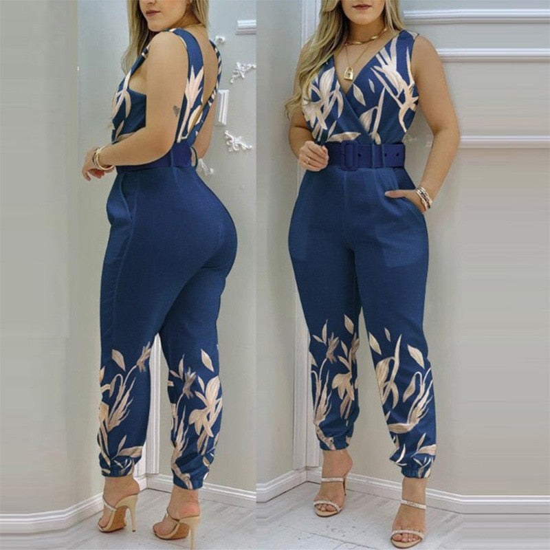 Women Jumpsuits 2022 Sleeveless V-Neck Boho Floral Print Wide Leg Long Pants Rompers Ladies Spaghetti Strap Plus Size Trousers