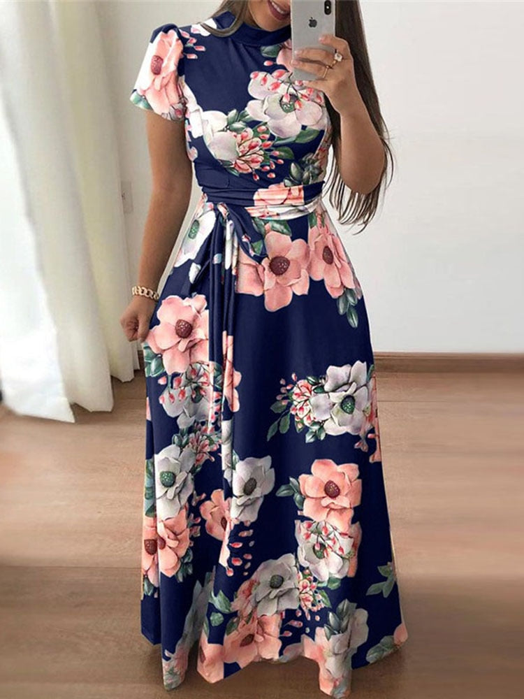 Women Summer Maxi Dress 2022 Casual Short Sleeve Boho Floral Print Long Dress Turtleneck Bandage Elegant Party Dresses Vestidos