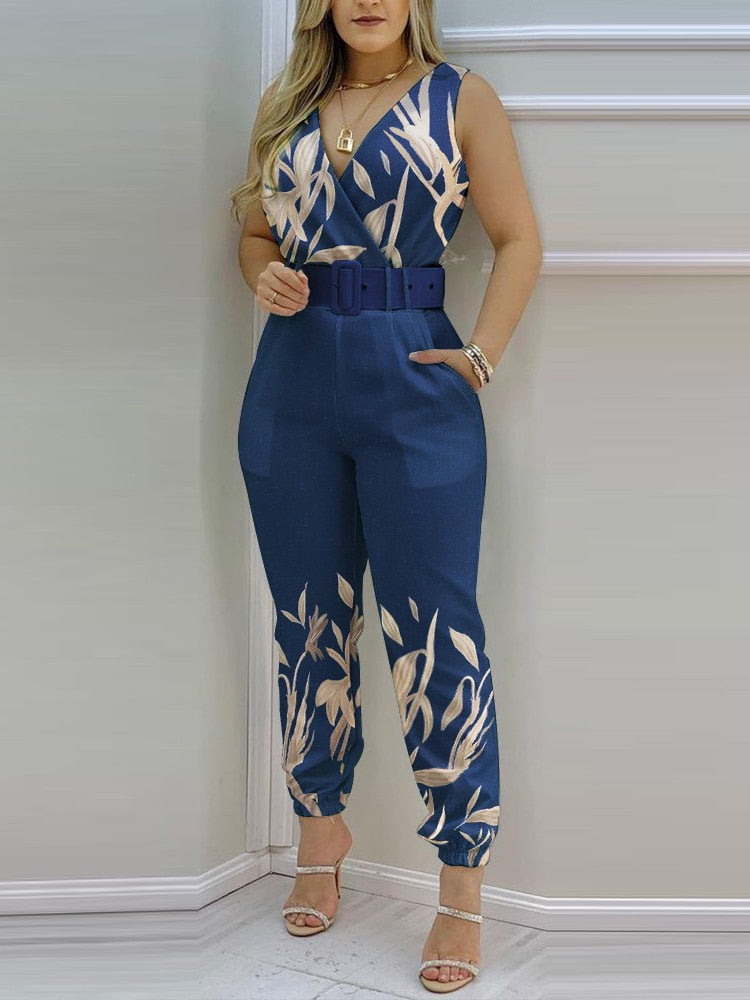 Women Jumpsuits 2022 Sleeveless V-Neck Boho Floral Print Wide Leg Long Pants Rompers Ladies Spaghetti Strap Plus Size Trousers