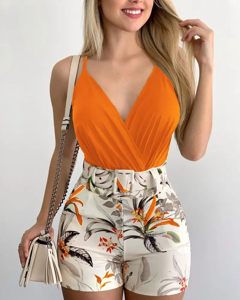2022 Summer Women&#39;s Two-piece Fashion Beach Style Holiday Style Solid Color Printing Casual Sexy Two-piece Set