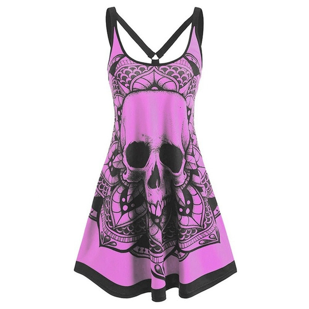 Summer Gothic Dress for Women Goth Skull Print Vestido Feminino Sleeveless Camis Tank Tops Casual Dresses Sexy Strap Mini Dress