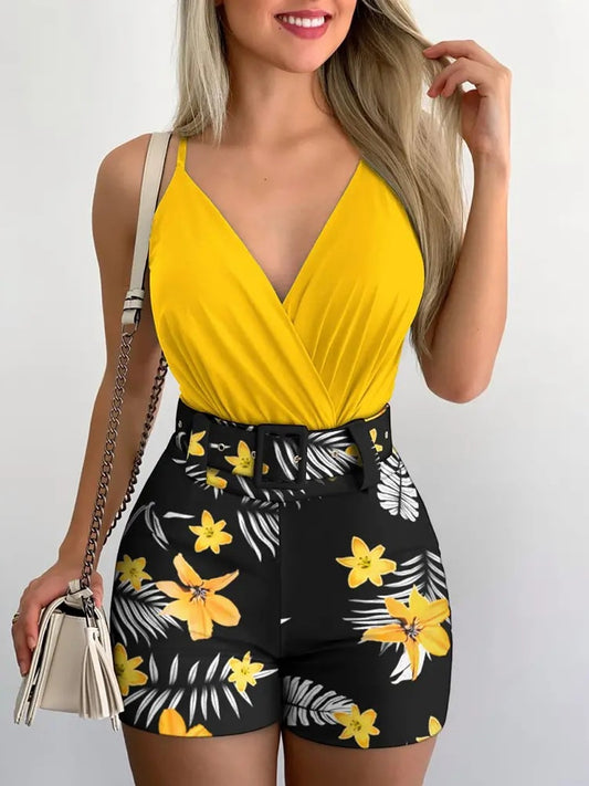 2022 Summer Women&#39;s Two-piece Fashion Beach Style Holiday Style Solid Color Printing Casual Sexy Two-piece Set
